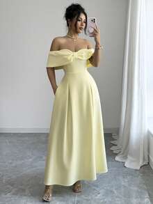 Elenzga 女士优雅休闲通勤度假下午茶情人节婚礼派对纯色浅黄色蝴蝶结露肩腰部A字伞裙摆口袋长裙，春夏款 - 淡黃色 - 查看 7