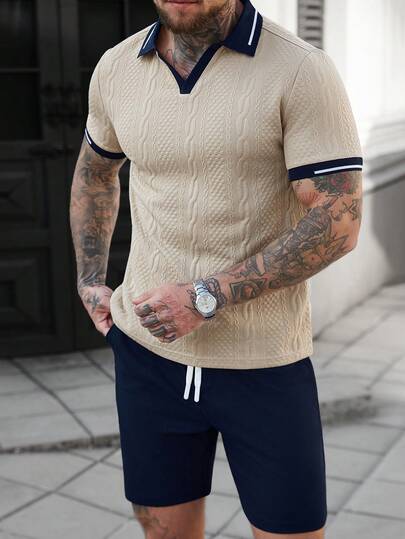 Manfinity Homme Men's Striped Short Sleeve Polo Shirt And Drawstring Waist Shorts Casual Suit