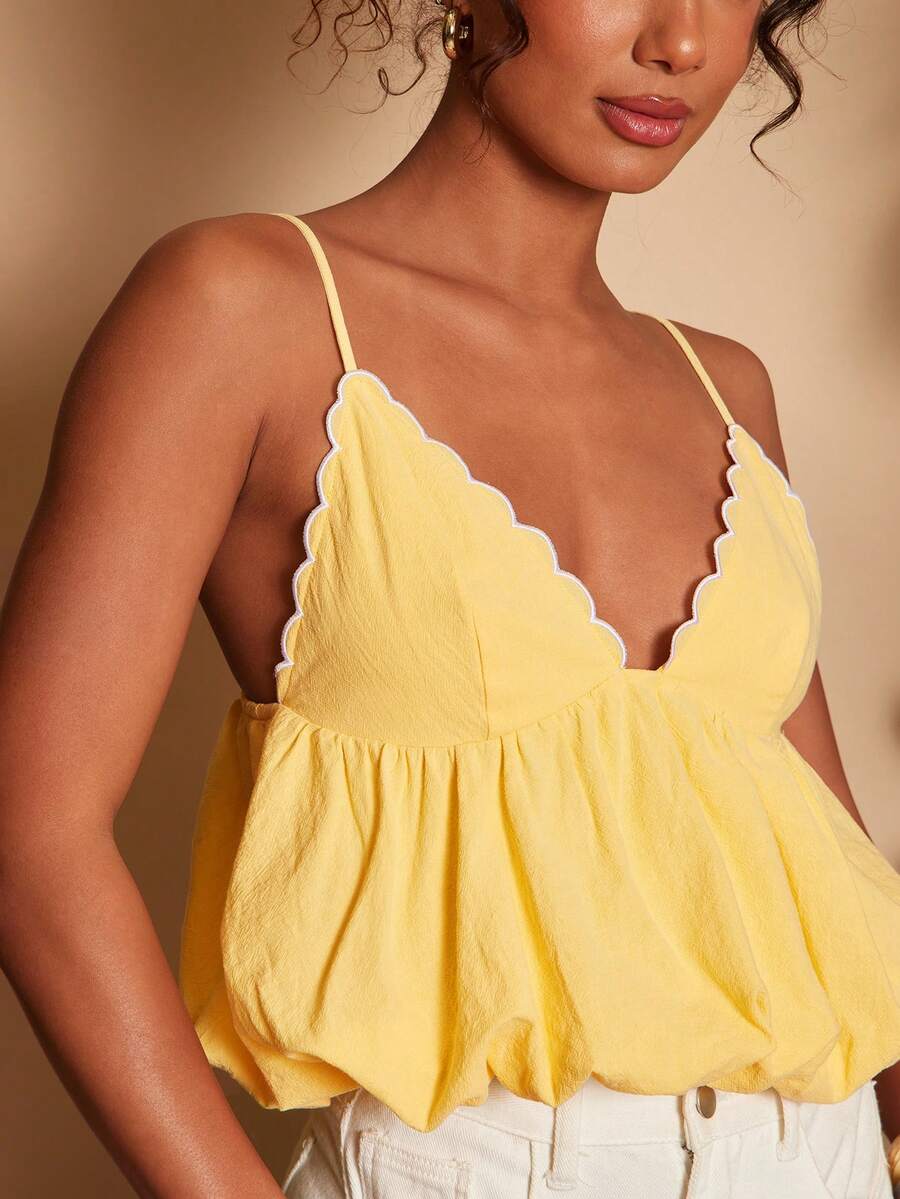 Travachic Embroidered Contrast Trim Casual Versatile Camisole Top For Summer Vacation - Yellow - View 1