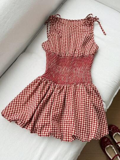 Elamini Red Plaid Jacquard Fabric Round Neck Bowknot Waist Gathered Waist Floral Mini Dress, Cute, Elegant, Romantic, Retro, Suitable For Spring/Summer Outings, Dates, Back To School, Work, Daily Wear