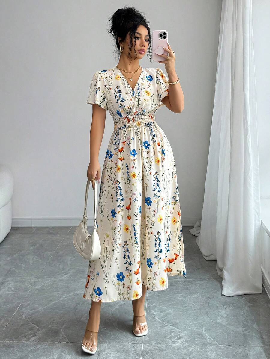 Elenzga 女士优雅花卉褶皱荷叶袖收腰A字连衣裙，度假风 - 杏色 - 查看 1