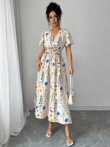 Elenzga 女士优雅花卉褶皱荷叶袖收腰A字连衣裙，度假风 - 杏色 - 查看 5