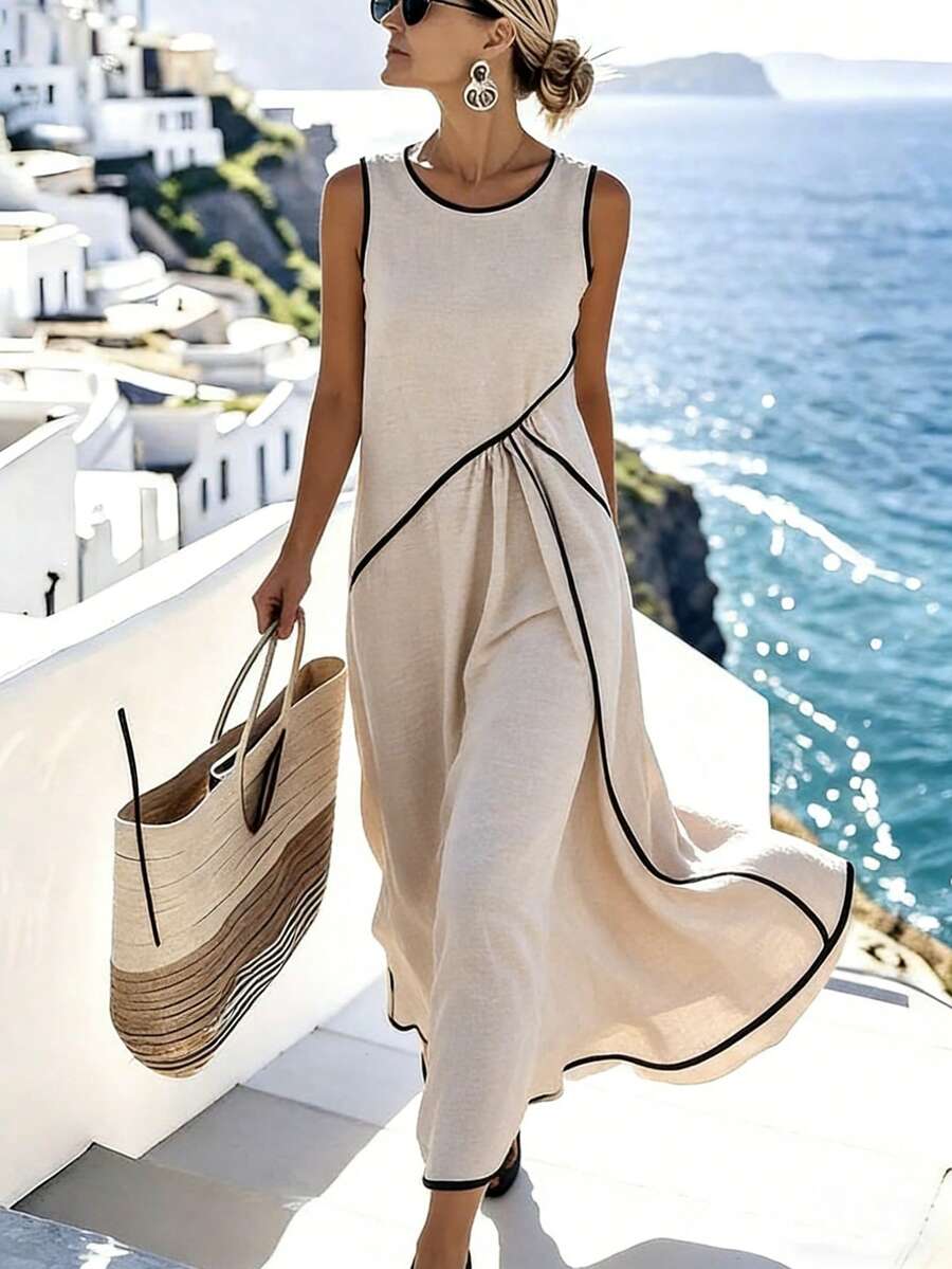 SHEIN Holidaya Vestido de verano sólido de color albaricoque, holgado, con cuello redondo, sin mangas y con parches negros, elegante y casual para vacaciones de mujer - Albaricoque - Ver 1