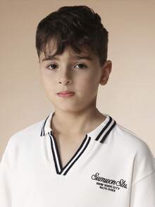 SUMWON Tween Boys Casual Polo Shirt And Shorts Co-Ord Set With V-Neck Collar And Contrast Stripe Trim Details Perfect Summer Two Piece Outfit - White - View 5