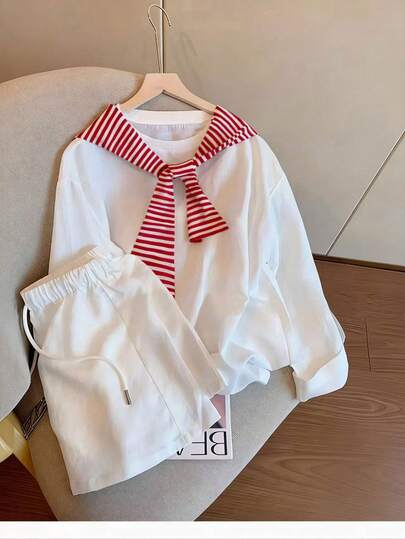 Franclia Plus Size Women Casual Striped Shawl Top & Skirt Set