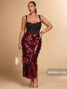 SHEIN BAE Falda con abertura y bajo con lentejuelas de unicolor para mujer de talla grande, de moda para fiestas - Burdeos - Ver 4