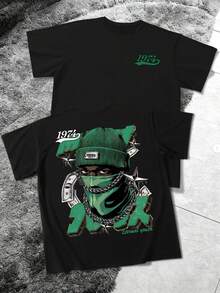 Manfinity LEGND 1 Áo thun nam cổ tròn tay ngắn màu đen, in hình người đeo mặt nạ, phong cách đường phố, mặc hàng ngày, thiết kế khẩu hiệu năm 1974, món quà tuyệt vời cho bạn trai/chồng, áo thun tay ngắn dáng rộng, áo thun hip hop nam, áo thun in hình rapper, áo thun nam phong cách rapper. - màu đen - Xem 2