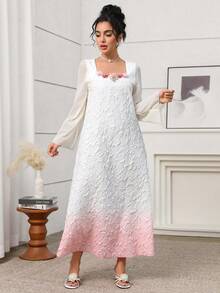 Yasmyna 女士优雅阿拉伯风雪纺连衣裙，采用纹理渐变拼接设计，长袖，立领，A字廓形，春夏款 - 彩色 - 查看 6