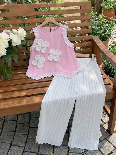 Reset Phase 2pcs/Set Girls' Spring/Summer Outfit, Pink Sleeveless Top + White Striped Wide-Leg Pants, Decorated With White Ruffle Trim, Embroidered Floral Applique With Pearl Center, Sweet & Elegant; Loose Striped Bottom, Comfortable Fit. Overall Fresh & Cute Style, Soft Color Matching, Suitable For Daily Wear, Leisure, Sports, Etc.