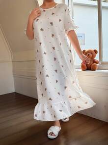 Napfluff CURVE Napfluff CURVE Áo ngủ nữ dáng lửng in hình gấu dễ thương, viền bèo nhún. - Màu be - Xem 4