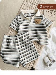 2pcs Baby Boy Cute Casual Striped Polo Collar Knit Top & Elastic Waist Shorts Set - Brown - View 7