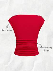 Franclia 优雅红色女士T恤，肩部饰有蝴蝶结系带，修身设计，腰部有褶皱。 - 紅色 - 查看 2