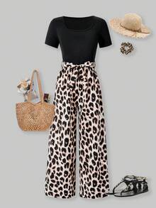 SHEIN ChillGRL 1 Stück lässiger, minimalistischer, modischer Outdoor Jumpsuit mit schwarzem Streifen- und Leopardenmuster für Teenager, Sommerurlaub & Ausflüge - Schwarz - Übersicht 6