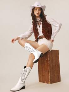 Styleloop 女士新款刺绣西部靴，时尚个性化刺绣厚底靴，波西米亚风，美式复古，适合西部音乐节、派对、圣诞节、万圣节等场合穿着，也适合科切拉音乐节等活动。 - 白色1 - 查看 4