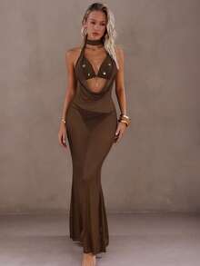 Swim Chiccia 女士性感露背吊带沙滩罩衫 - 卡其色 - 查看 1