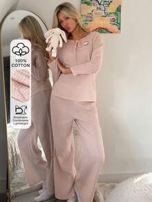 DAZY 2pcs Cartoon Bear Pattern Loose Long Sleeve & Long Pants Women Pajama Set - Pink - View 3