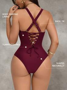 Shapewave 女士棕色拼接聚拢收腹连体泳衣，后背交叉系带设计，优雅性感，适合派对和泳池穿着 - 酒紅色 - 查看 2