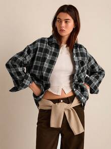 Easelle Áo sơ mi dài tay in họa tiết kẻ caro đen, kiểu dáng cài cúc. - màu đen - Xem 3