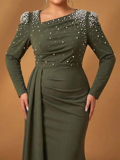 Serin Plus Size Elegant Luxurious Gray-Green Asymmetrical Neckline Long Sleeve Beaded Fitted Mermaid Hem Dress, Suitable For Evening Party, Date, Ball, Vacation, Wedding, Bride Mother, Guest, Valentine's Day