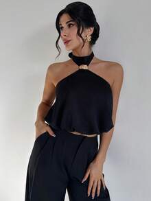 Firerie 女士优雅简约时尚通勤都市风音乐节度假性感新款潮流露背金属装饰吊带背心 - 黑色 - 查看 7