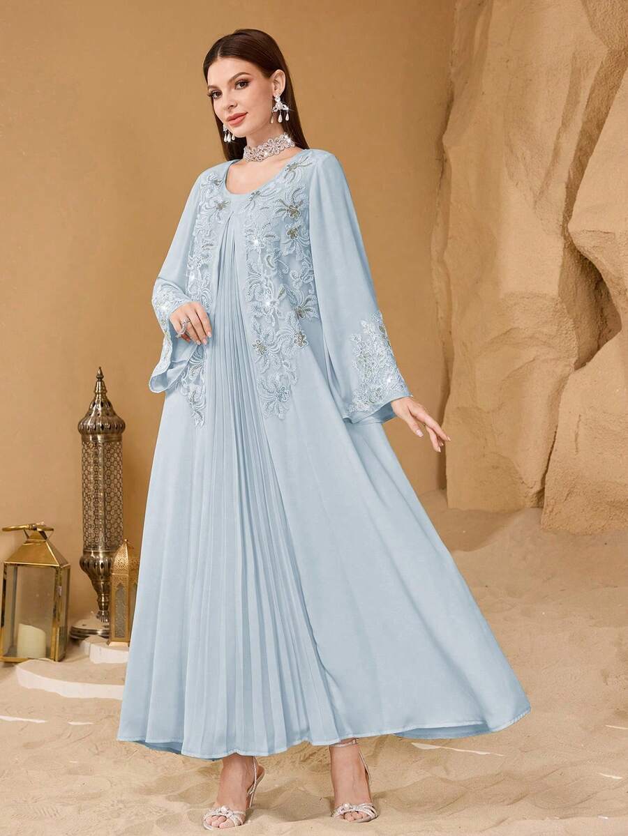 SHEIN Najma Vestido de manga larga con pliegues en el frente, bordado de perlas y parches elegante para mujeres - Celeste - Ver 1