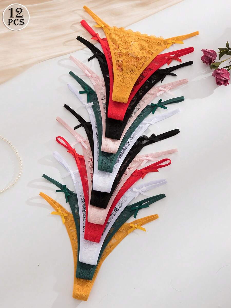 Set de 12 tangas de encaje románticos y sexys para mujer, en colores surtidos - Multicolor - Ver 1