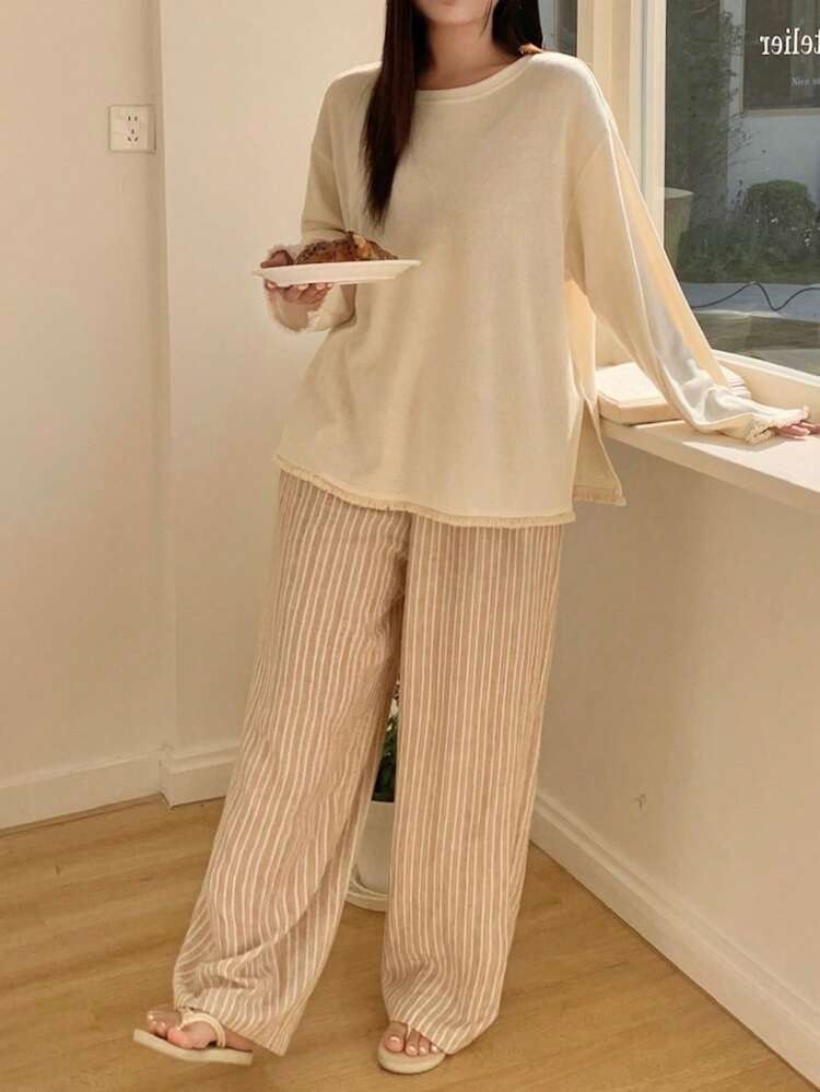 Dazy Plus Plus Size Comfortable Solid Color Drop Shoulder Top And Striped Pants Pajama Set, Autumn