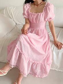 DAZY Damen Spitzenkragen tailliertes A-Linien Midi-Kleid, strukturierter Stoff - Pink - Übersicht 2