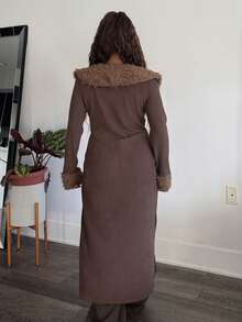 Tyla Gomez Women's Fall/Winter Y2K Fashion Casual Vintage Rib Knit Brown Flannelette Textured Lace Up Brown Long Cardigans - Brown - View 2