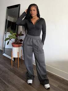Tyla Gomez Women Casual Loose Solid Color Elastic Waist Sweatpants With Pockets - Dark Grey - View 1