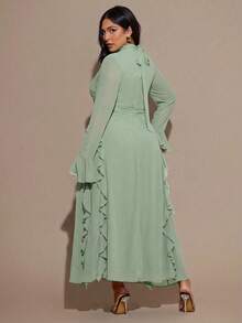 SHEIN BAE Gaun Maxi Wanita Ukuran Besar Warna Cokelat Lengan Panjang Bahan Chiffon dengan Ruffle dan Lengan Mengembang - Mint Green - View 2