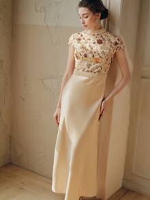 Anewsta 女士优雅中长款鱼尾裙连衣裙，刺绣拼接缎面连衣裙，适合节日、音乐会等场合 - 杏色 - 查看 6