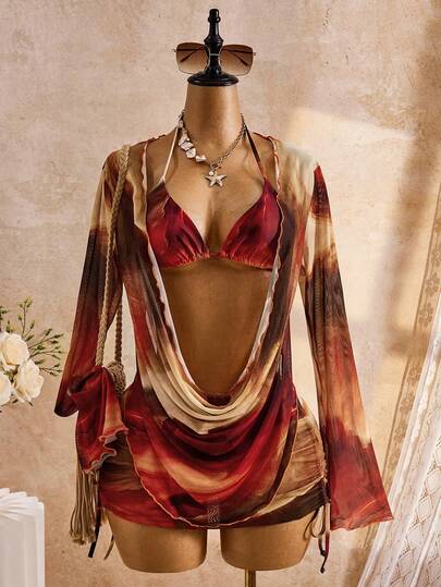 Bellisia 26SS Spring/Summer Vacation Beach High-End Sexy BOHO Cowl Neck Long Sleeve 4-Piece Swimwear Set 2026 New Women's Swimwear ArrivalFor School, Suitable For Holiday, Date, Afternoon Tea, Western, Cruise, Beach, Island, Road Trip, All Seasons, Music Festival, Boho Vacation, Bohemian Vacation, Chill Autumn , Western Boho , Elegant Tops For Women Three Piece Swimsuit Set Bathing Suit 3 Piece Set Swim Oasis 3 Piece Set Bikini 3 Piece Set Long Sleeve Bikini Set
