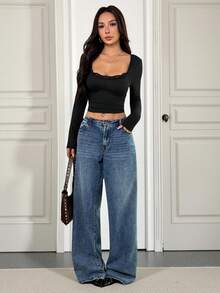 SHEIN PETITE Áo thun nữ cổ tròn tay dài phối ren màu tương phản trơn - màu đen - Xem 2