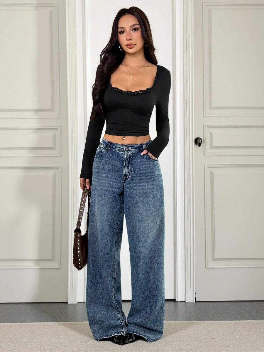 SHEIN PETITE Áo thun nữ cổ tròn tay dài phối ren màu tương phản trơn