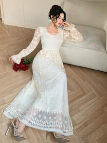 DAZY Đầm ren phối ren thanh lịch dành cho nữ, đầm dạ hội dáng xòe. - Màu be - Xem 7