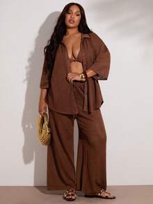 SHEIN BAE Plus Size Casual Brown Knitted Collared Half Sleeve Blouse And Long Pants Co-Ord Set With Pockets For Women - Brown - View 3