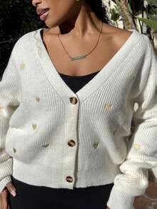 Tyla Gomez 秋冬爱心刺绣开衫、长袖上衣、针织衫 - 白色 - 查看 3