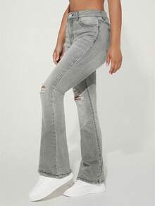 SHEIN PETITE Women's High Waist Pocketed Casual Versatile Flared Distressed Denim Jeans - Light Grey - View 3