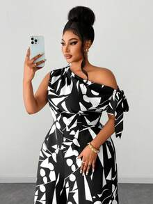 Maweii Plus Size Women's Summer Casual Minimalist Commute & Vacation Floral Print Jumpsuit, Elegant For Party - Black and White - View 4