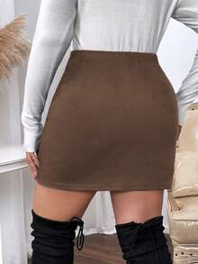 Vionelle Plus Size Solid Color Button Wrap Asymmetric Hem Fitted Skirt Brown Skirt Woman Skirt - Coffee Brown - View 2