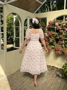 Lyrianda 大码女士优雅刺绣印花系带长裙 - 粉色 - 查看 2