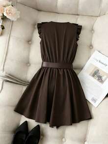 Pariaura 棕色荷叶边下摆休闲沙滩度假浪漫复古波西米亚连衣裙，适合日常、通勤、商务、毕业季、春夏晚餐约会，纯色迷你连衣裙（含腰带） - 棕色 - 查看 6