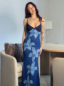 Abrilcols Váy ôm in hoa cho nữ - Màu xanh hải quân - Xem 3