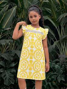 Tween Girls Simple Print Cap Sleeve Dress - Yellow - View 5