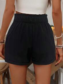 SHEIN LUNE Pantalones cortos casuales de mujer con cintura elástica, cordón y dobladillo con volantes bordados - Negro - Ver 2