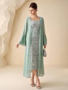 Modelyn 女士雪纺喇叭长袖开衫和提花无袖A字优雅连衣裙两件套，春夏款 - 綠色 - 查看 5