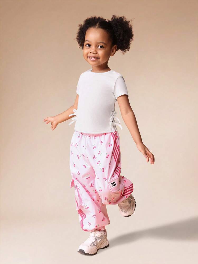 Ribbed Top With Cherry Print Cargo Pants Set