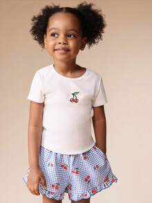 SUMWON Girls Cherry Print Ribbed T-Shirt And Gingham Ruffle Shorts Two Piece Summer Casual Outfit Set With Short Sleeves Crew Neck - Blue - View 3