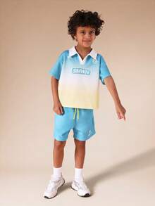 SUMWON Kids Ombre Gradient Polo Shirt And Shorts Casual Set With Logo Print Summer Vacation Outfit - Green - View 5